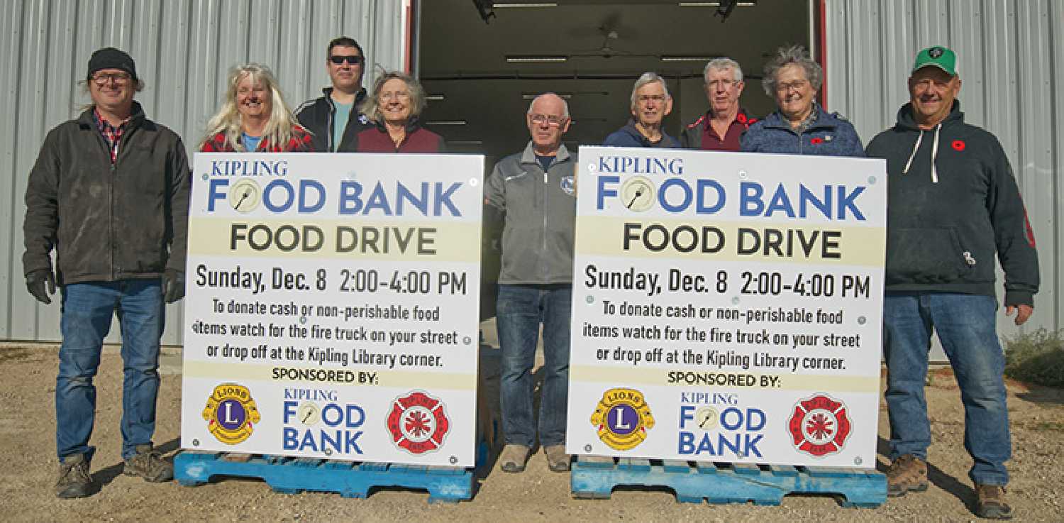 Members of the Kipling Fire Department, Lion’s Club and Food Bank are teaming up for their first ever town-wide food drive. From left are: Joe Widdup, Sharon Poirier, Dan Manns, Adele Nagy, Ken Nordal, Pat Jackson, Brian Manns, Marge Bates, and Michael Warner.